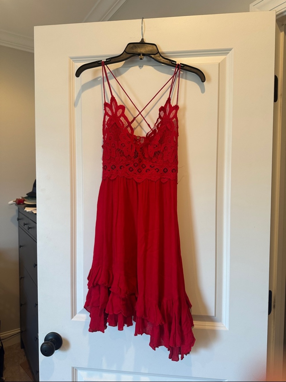 Free People Adela Red Crochet Lace Ruffled Slip Dress